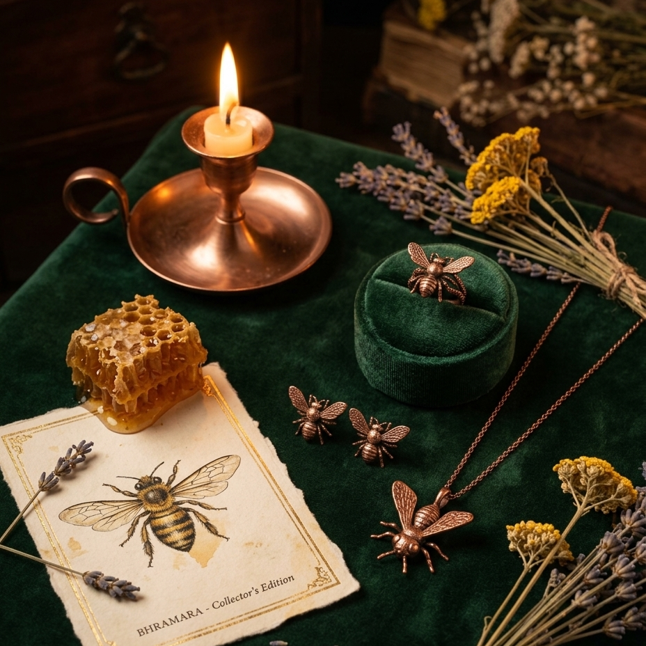 A styled flat-lay of bee-themed jewelry on a dark green velvet surface, including a ring, necklace, and earrings, arranged with a candle, honeycomb, dried lavender, and a vintage-style bee card.