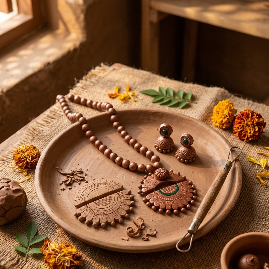 A styled flat-lay of carved wooden jewelry and decorative pieces arranged on a round wooden tray, set on a burlap cloth with marigold flowers and green leaves in a rustic indoor setting.