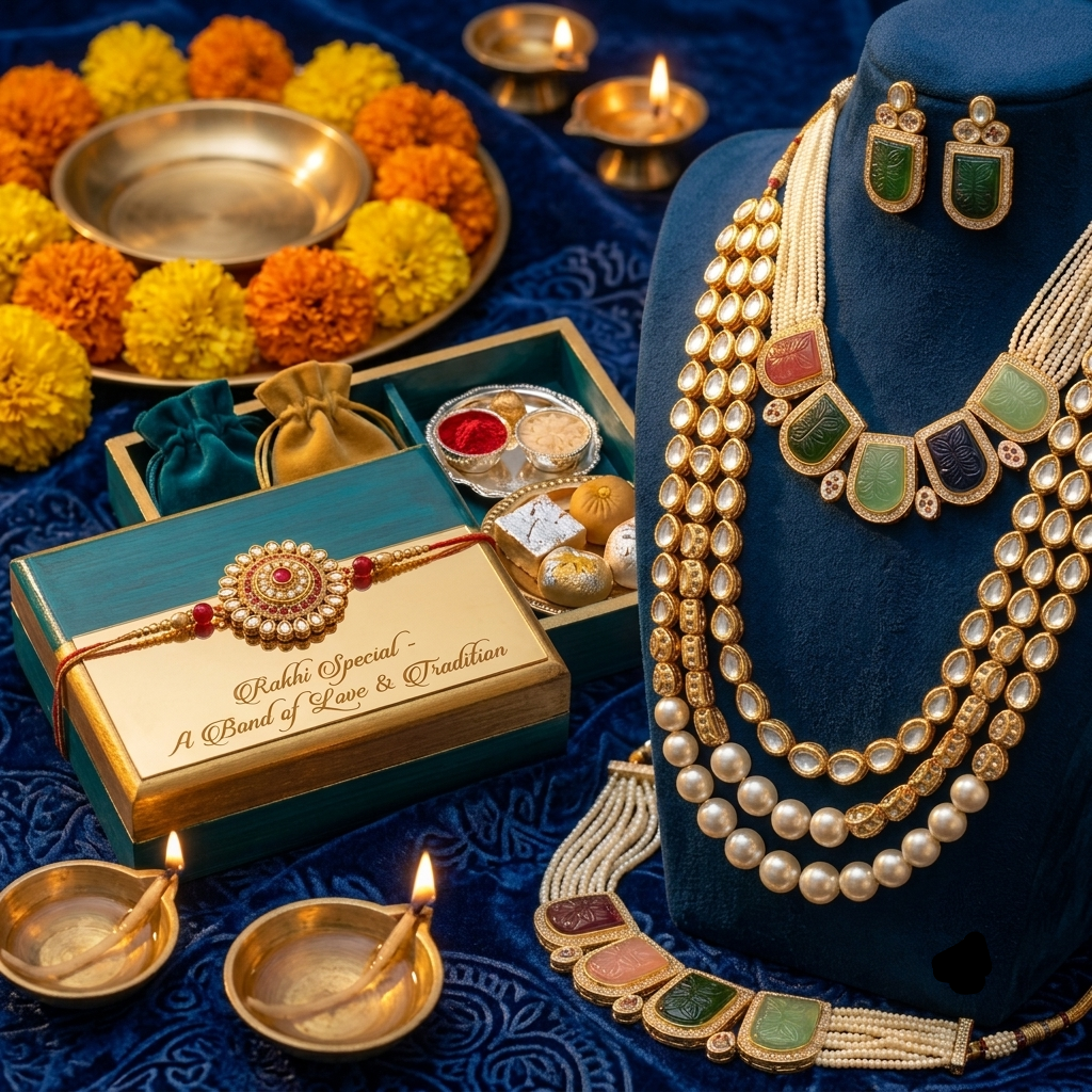 A styled jewelry and gift set arranged on a dark blue fabric background with lit diya lamps and marigold flowers. The main sellable subject appears to be a gold-toned traditional necklace set displayed on a blue jewelry bust, accompanied by matching earrings, a bracelet, and a gift box labeled 'Pandey Special - A Band of Love & Tradition.