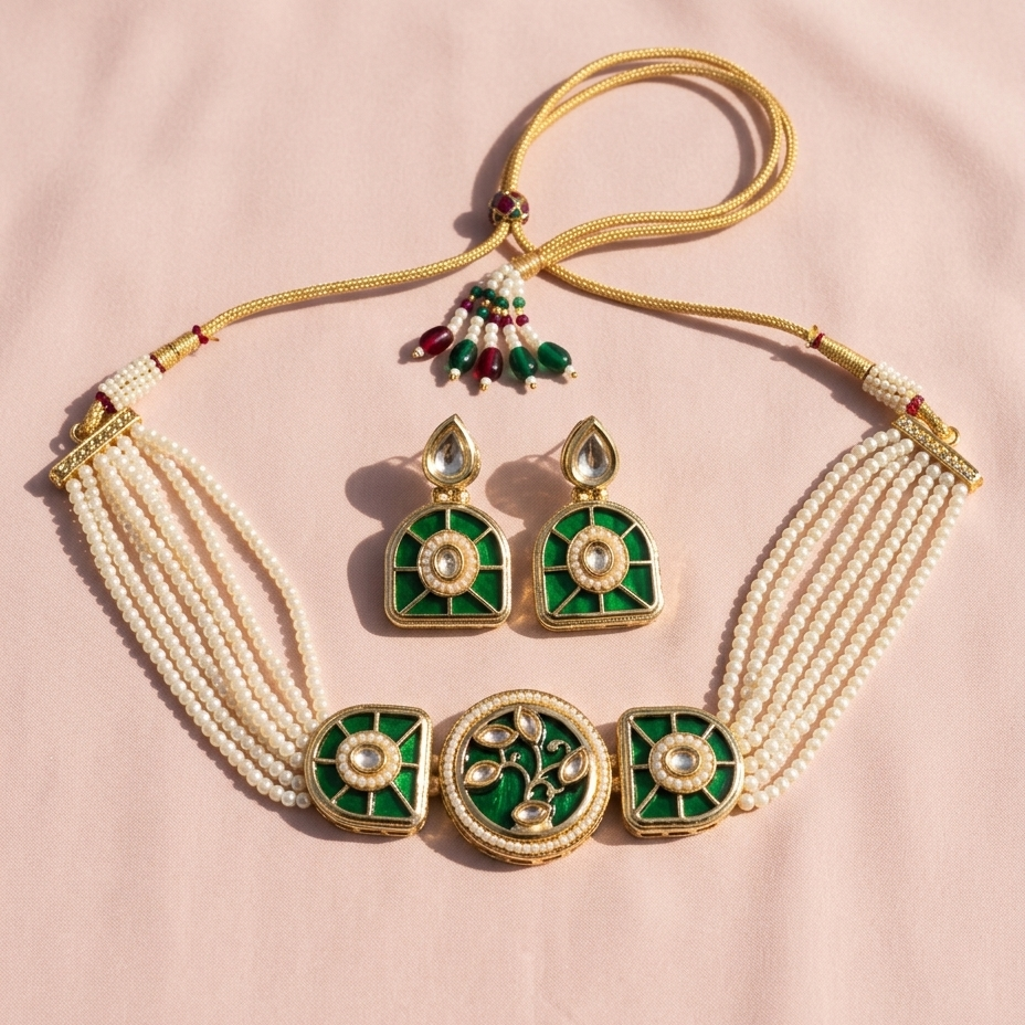 A traditional Indian jewelry set featuring a gold-plated necklace with white pearl strands, green enamel panels, and a matching pair of drop earrings, displayed on a soft pink fabric background.