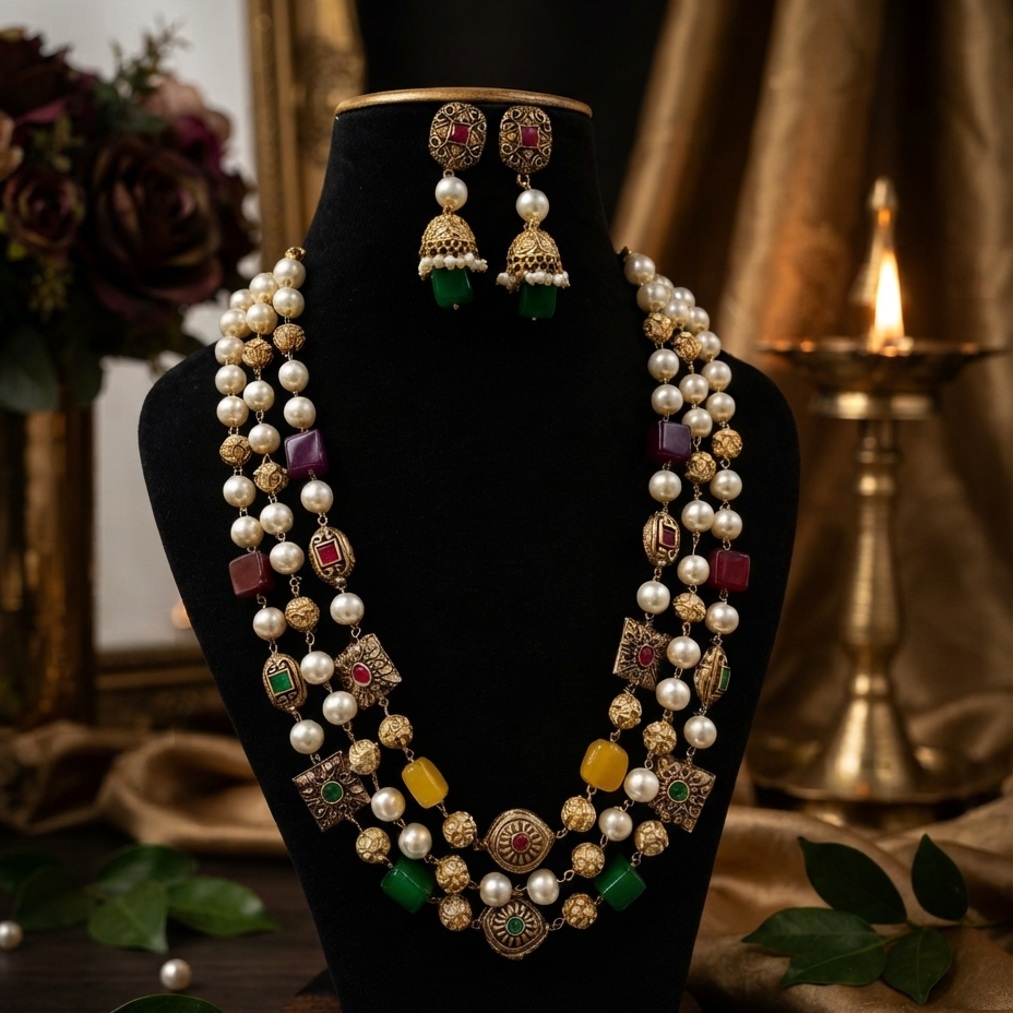 A traditional Indian jewelry set featuring a multi-strand pearl necklace with gold-plated borders, green and red stone accents, and matching gold-plated jhumka earrings, displayed on a black velvet mannequin bust.