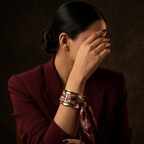 A woman in a burgundy blazer sits against a dark brown background, covering part of her face with her hand. She is wearing a wide gold cuff bracelet with a burgundy and gold patterned silk scarf tied at the bottom.