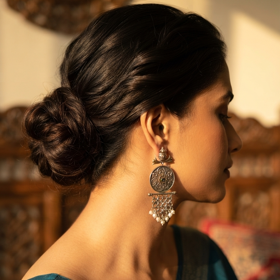 A woman in profile wearing a large silver-toned traditional earring with a circular pendant and dangling bead details, photographed in warm golden light against a softly blurred indoor background.