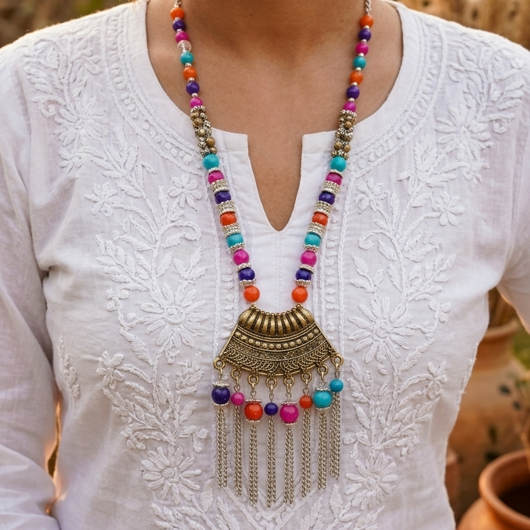 A woman wearing a white embroidered kurta and a colorful beaded statement necklace with a large antique gold-toned pendant, set against a warm, blurred outdoor background.