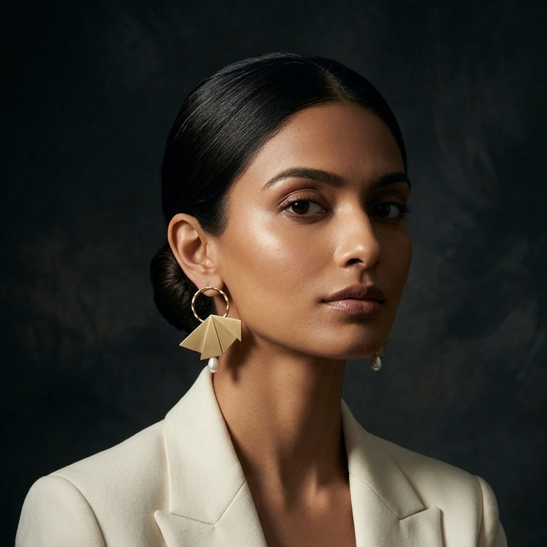 A woman with dark hair pulled back wears a cream blazer over a dark top, featuring large gold geometric dangle earrings with white pearl accents, set against a dark textured background.