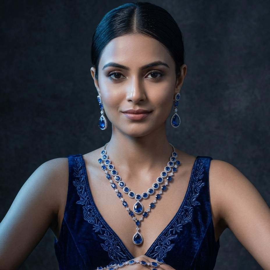 A woman with dark hair styled in a center part wears a luxurious blue gemstone jewelry set, including a layered necklace, matching drop earrings, and a bracelet, paired with a deep blue velvet dress. She is posed with her hands folded on a dark surface with loose gemstones scattered around, set against a dark textured background.