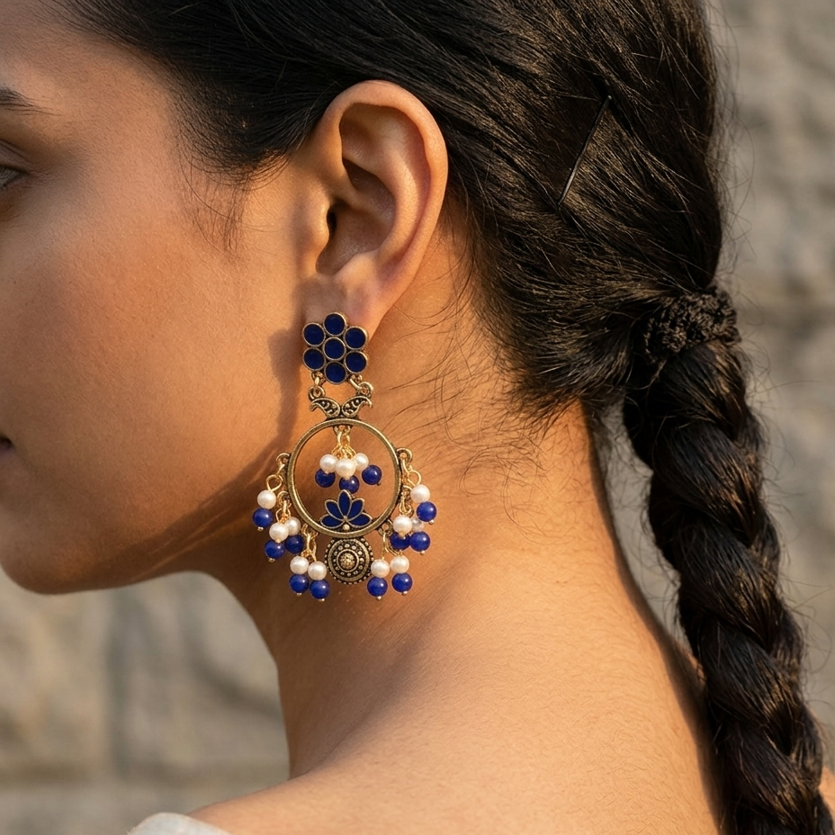 Ambujā blue meenakari lotus chandbali earrings for women, festive wear