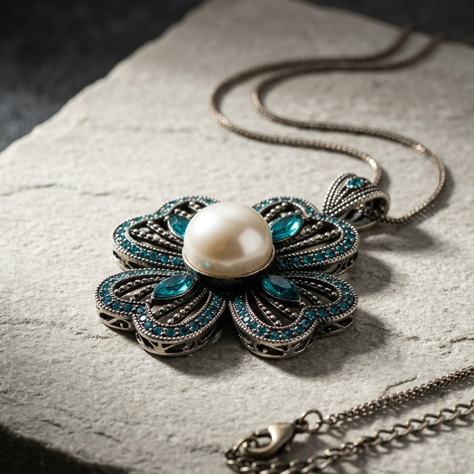 An ornate floral pendant necklace with a central white pearl, surrounded by silver filigree and turquoise blue stones, displayed on a textured gray stone slab.