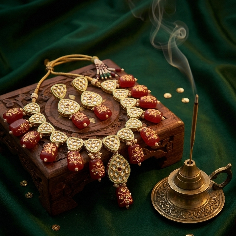 An ornate gold-toned necklace with red bead accents is draped over a carved wooden box on a dark green fabric background, with a smoking brass incense holder beside it.