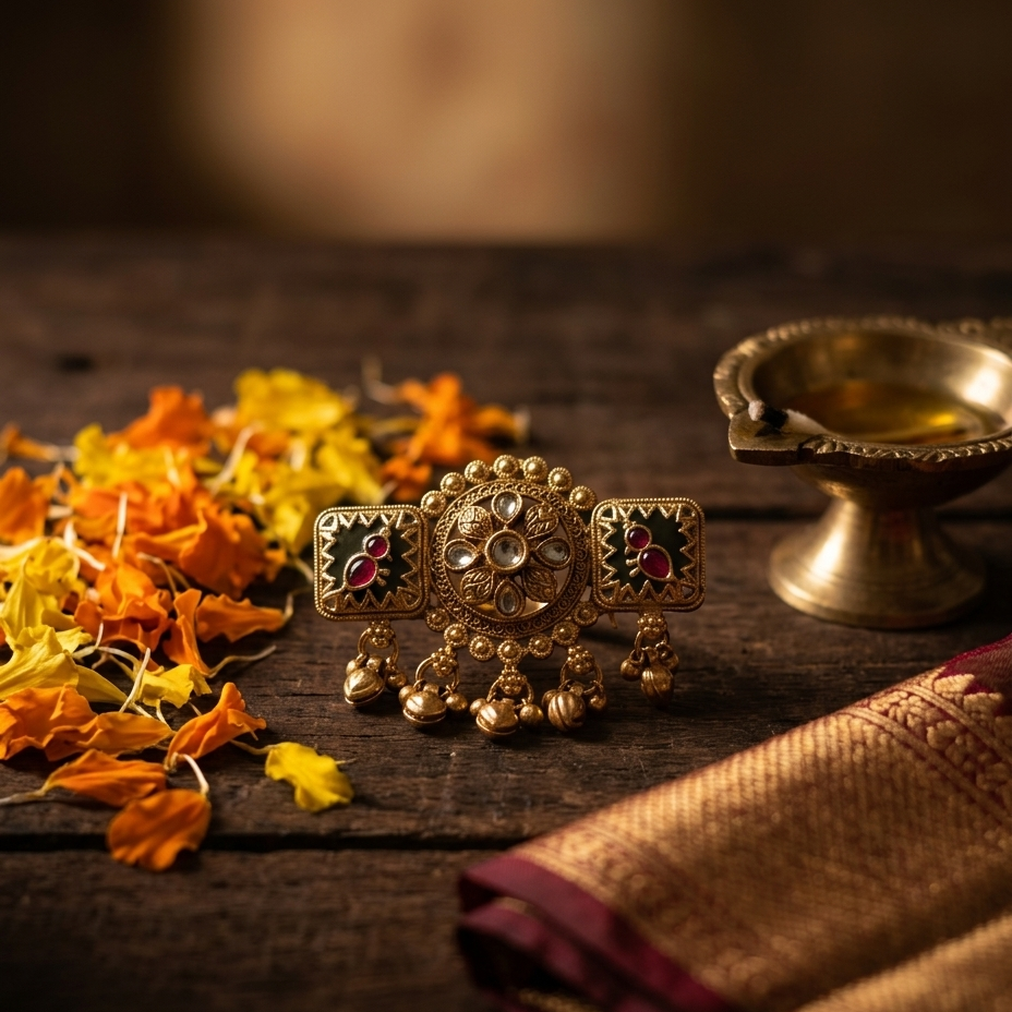 An ornate gold-toned traditional Indian jewelry piece with red and green enamel details and dangling bells, displayed on a rustic dark wooden surface with marigold petals, a brass lamp, and a folded silk cloth.