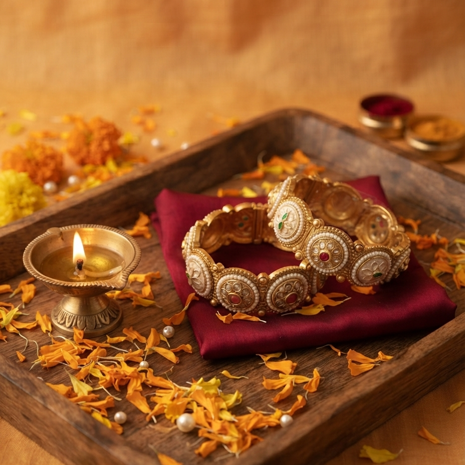 An ornate gold-toned traditional bracelet with circular motifs and small red and green stone accents, displayed on a dark red fabric pad inside a wooden tray. A lit brass diya and scattered orange marigold petals create a warm decorative setting.