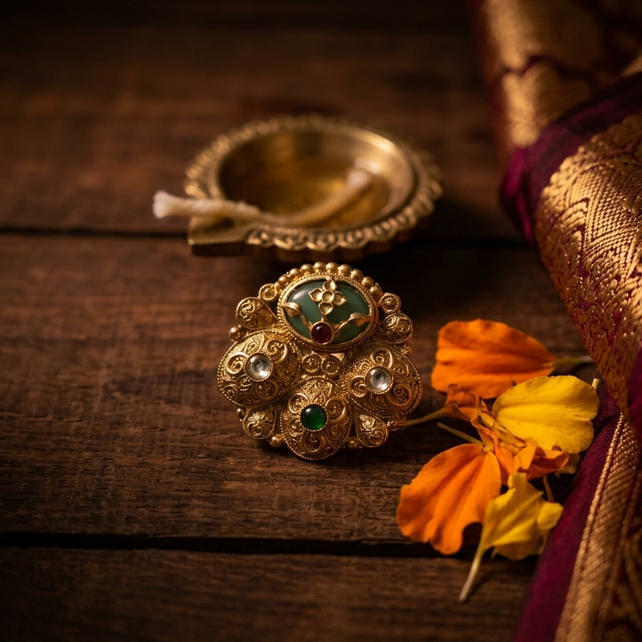 An ornate gold-toned traditional brooch with green and red stones and pearl-like accents, displayed on a dark wooden surface next to orange marigold flowers and a gold-and-purple fabric.