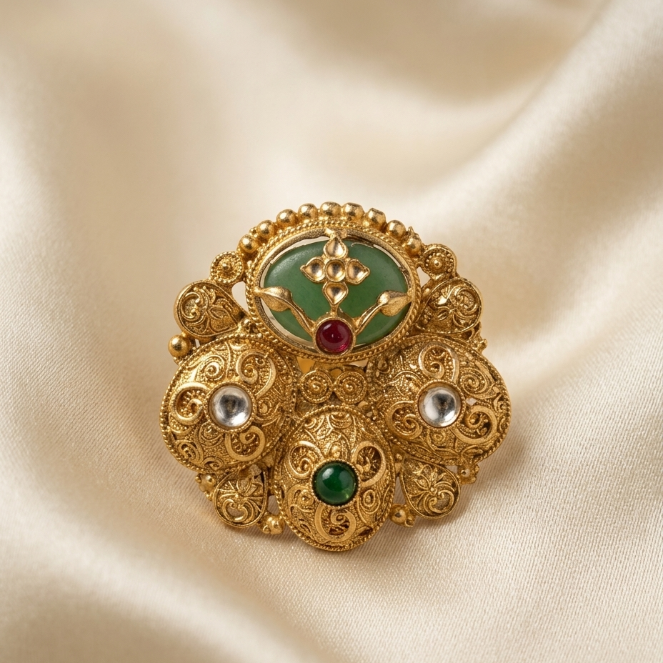 An ornate gold brooch with intricate filigree detailing, featuring green enamel sections, a central red gemstone, and white stones, displayed on a draped cream satin fabric.