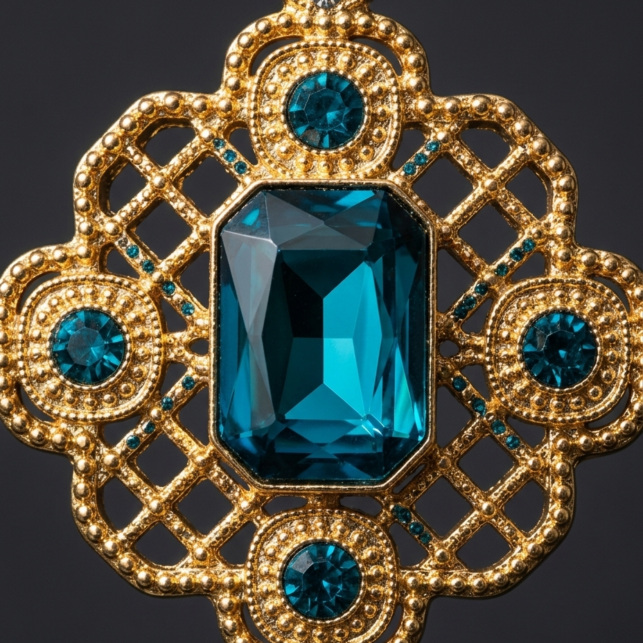 An ornate gold pendant featuring a large rectangular blue gemstone in the center, surrounded by four smaller round blue gemstones and intricate gold filigree detailing, set against a dark gray background.