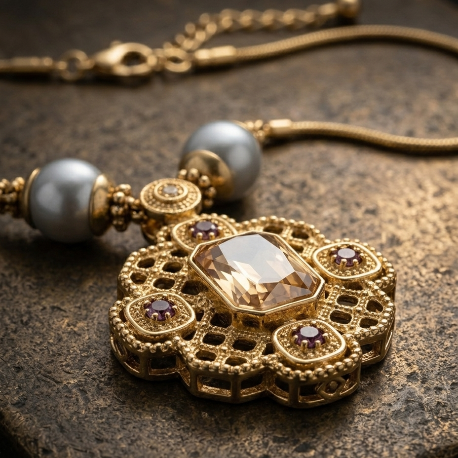 An ornate gold pendant necklace with a large faceted clear center stone, surrounded by smaller gold stones, and two gray pearl-like beads on a textured dark brown surface.