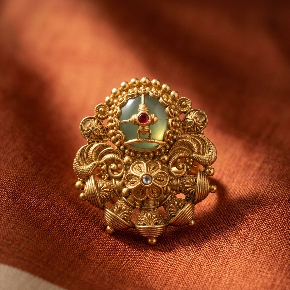 An ornate gold ring with a central oval light blue-green stone and intricate filigree details, resting on a textured rust-orange fabric background.
