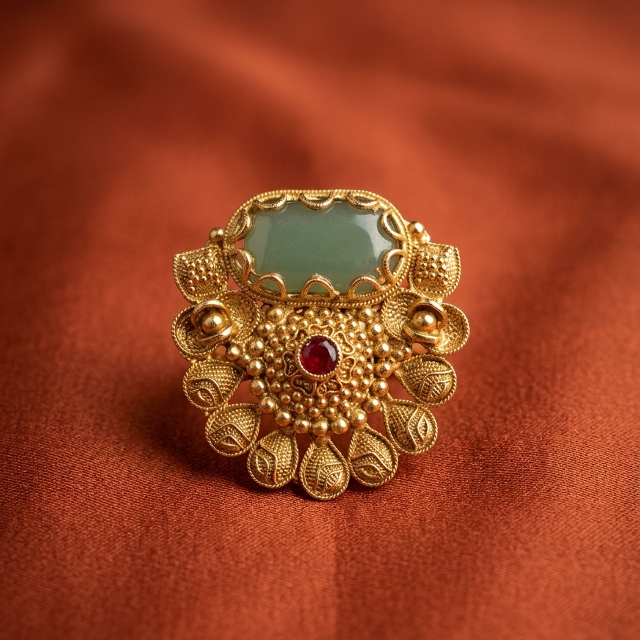 An ornate gold ring with a large green jade-like inlay, a central red gemstone, and detailed filigree patterns, displayed on a textured rust-orange fabric background.