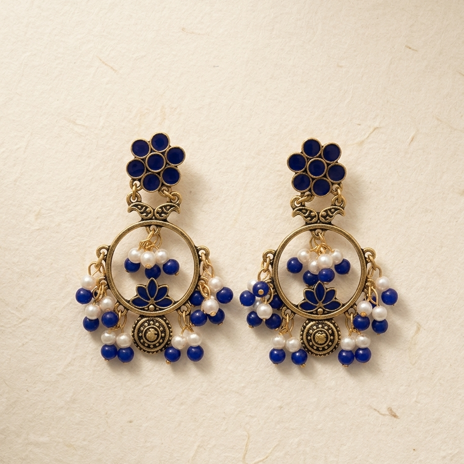 Antique gold chandbali earrings with blue enamel and pearl drops by House of Yugavi