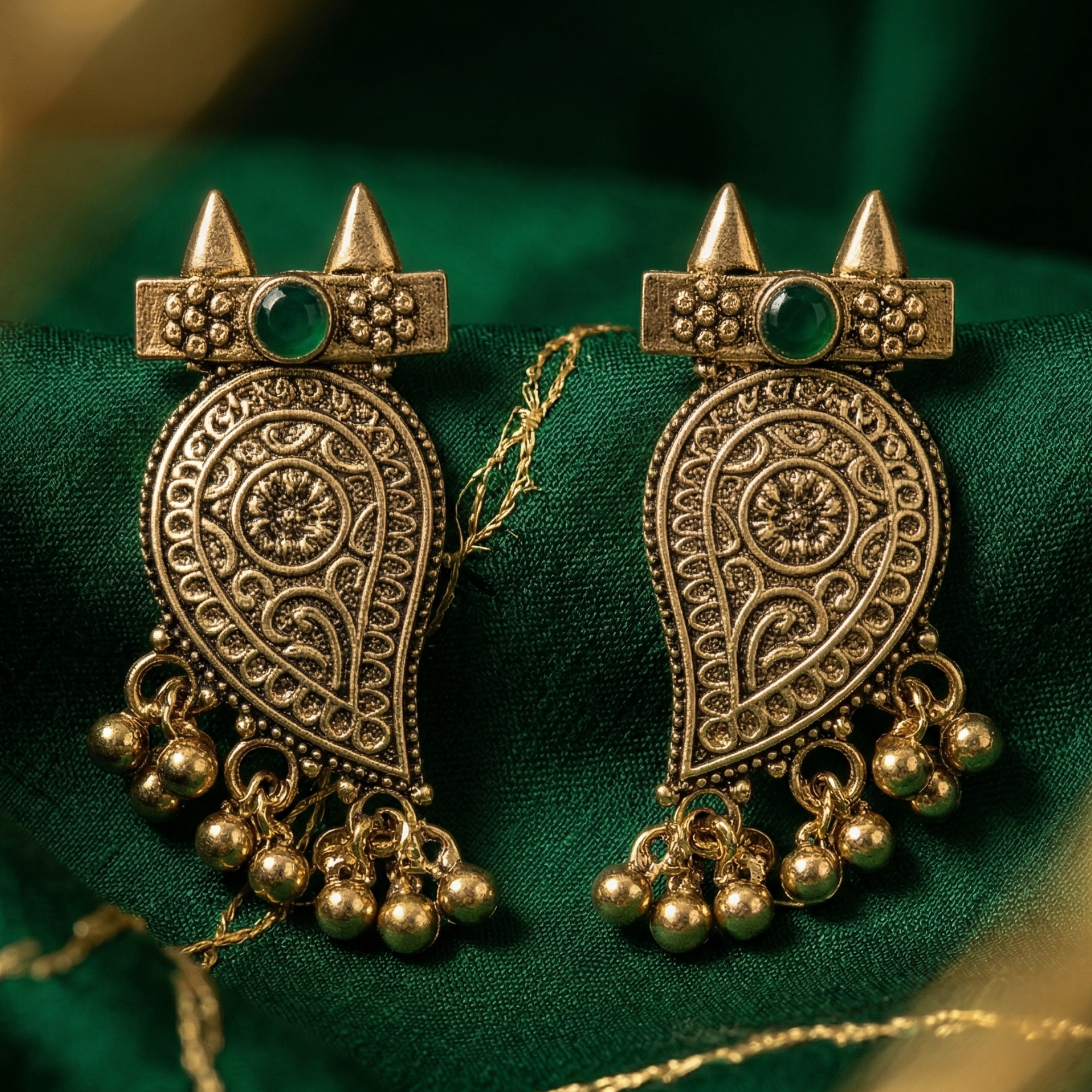 Antique gold ethnic earrings with engraved paisley design and bead drops