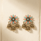 Antique gold triple jhumka earrings with pink and blue enamel petals by House of Yugavi