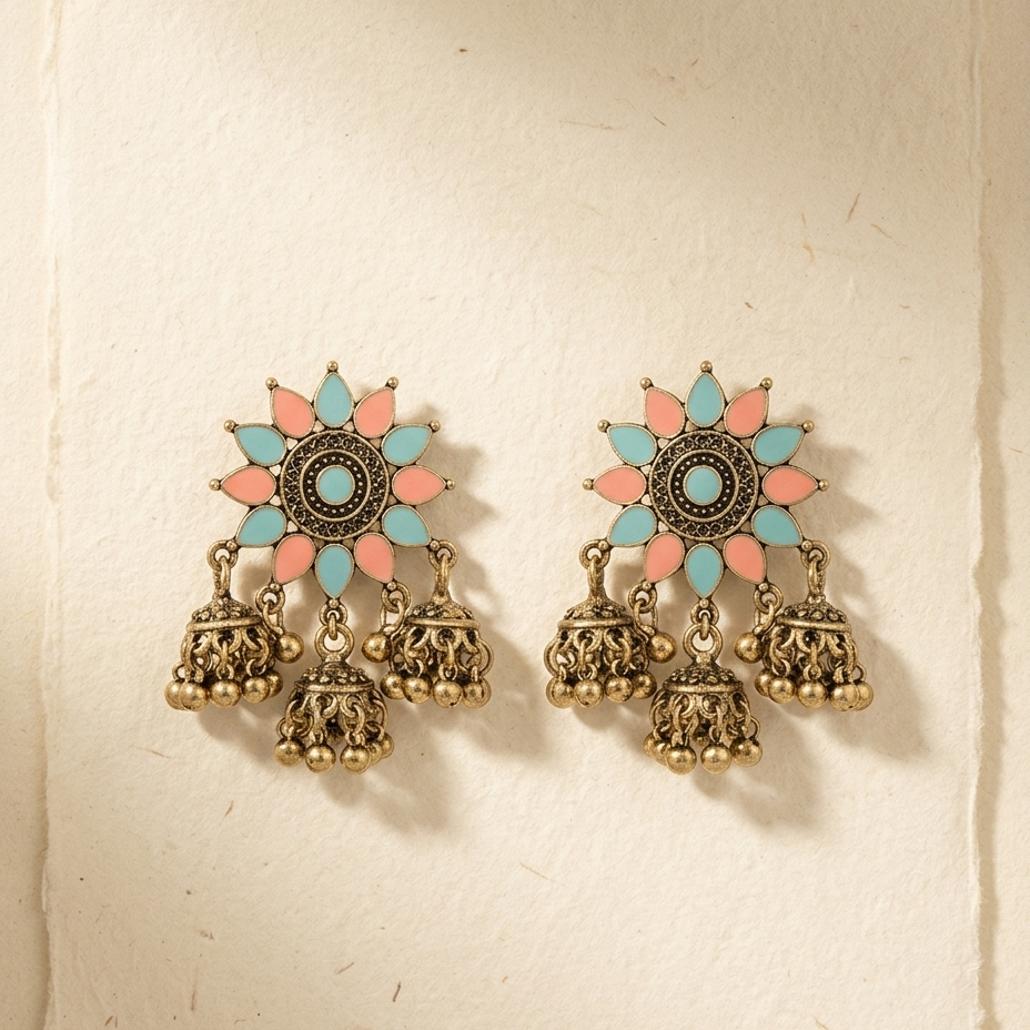 Antique gold triple jhumka earrings with pink and blue enamel petals by House of Yugavi