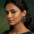 Black enamel lotus statement earrings with antique gold finish and hanging drops