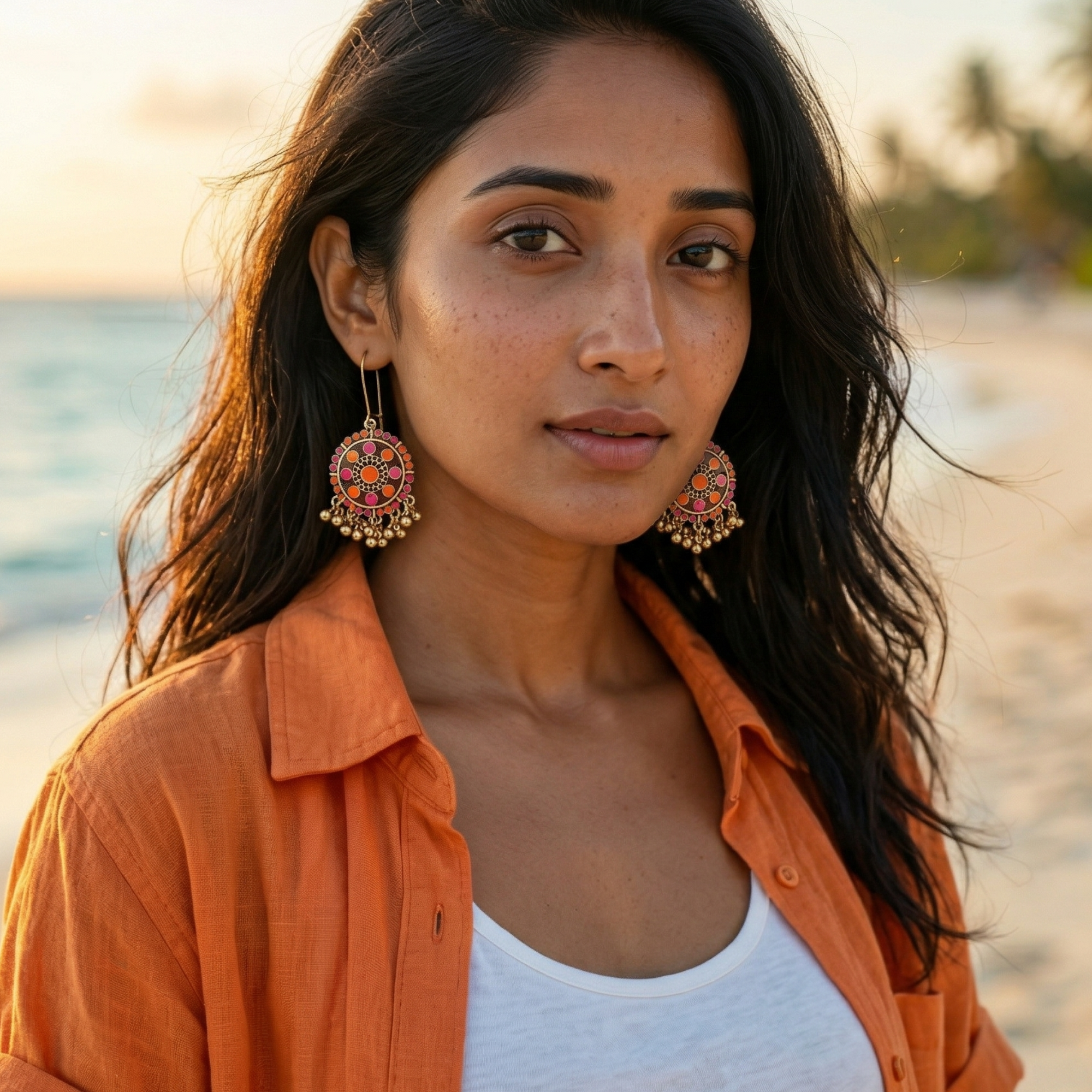 Boho style orange and pink dangler earrings with gold bead drops