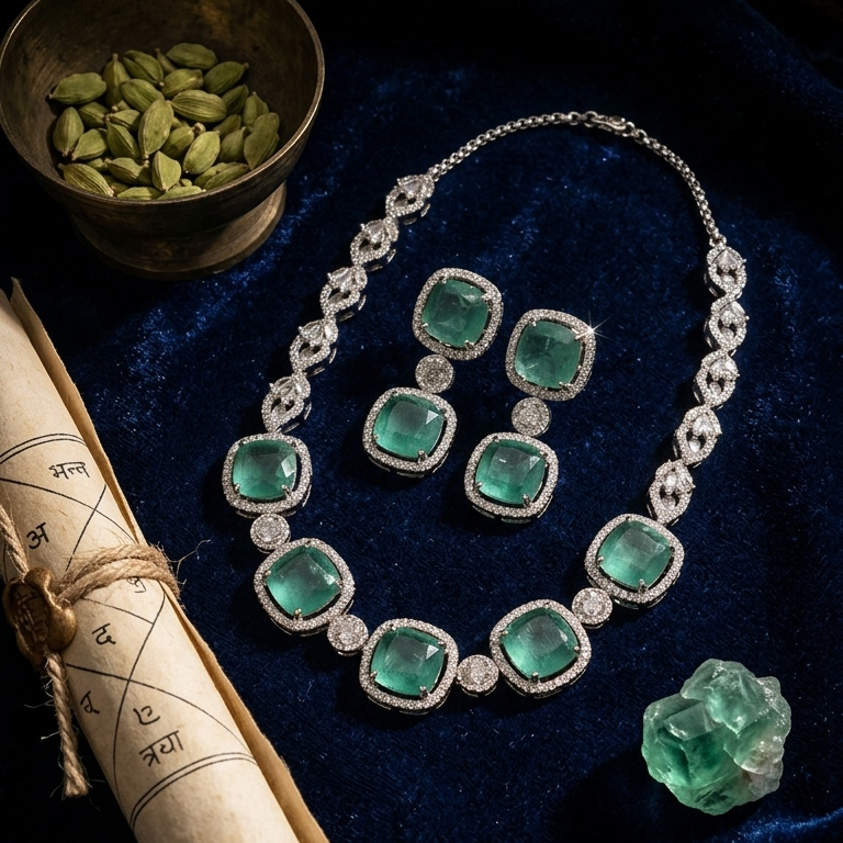 An elegant jewelry set featuring a silver-toned necklace and matching earrings with large emerald-cut green gemstones, displayed on a dark blue velvet surface with decorative props including a rolled scroll, a small bowl of green seeds, and a loose green gemstone.