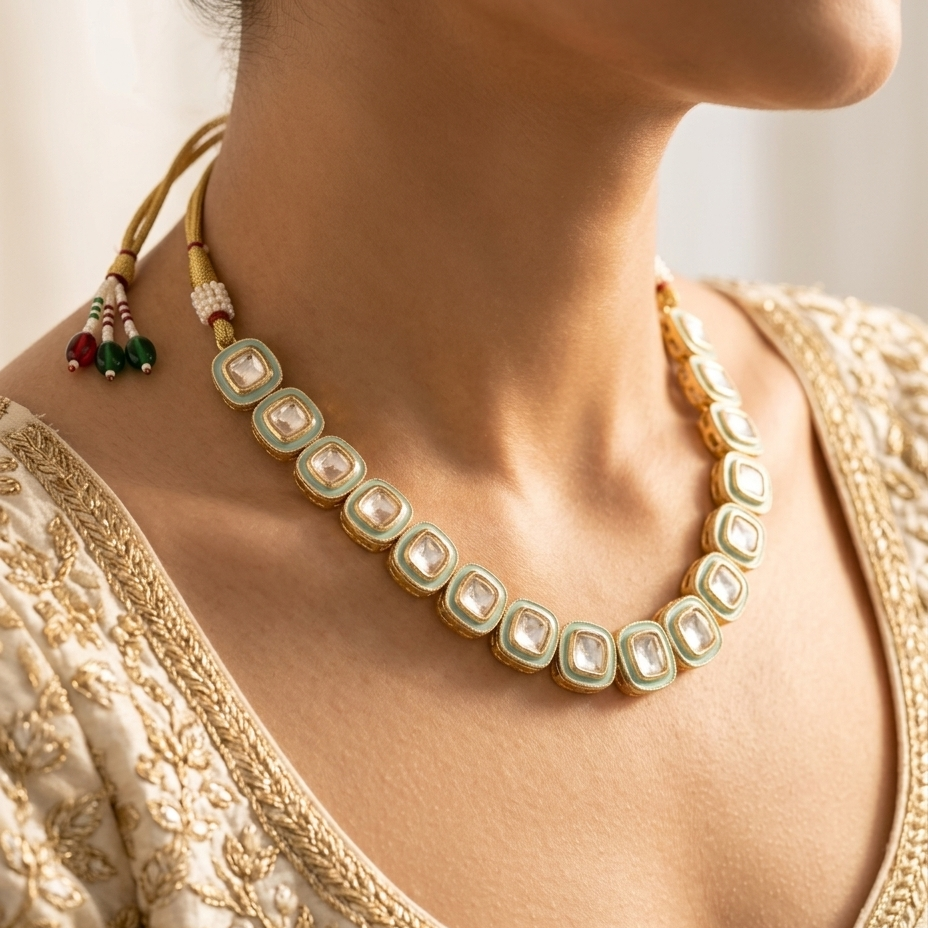 Close-up of Maṇipaṭṭa Indigo continuous kundan polki choker — graduating rectangular stones in deep royal blue enamel frames on adjustable gold dori — heritage jewellery by House of Yugavi