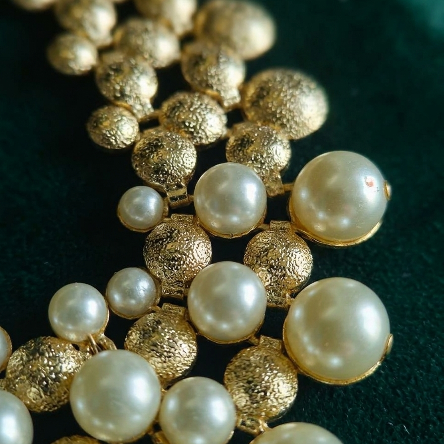 Close-up of Muktāvali matte gold dome and ivory faux pearl cascading statement necklace — Boho jewellery by House of Yugavi