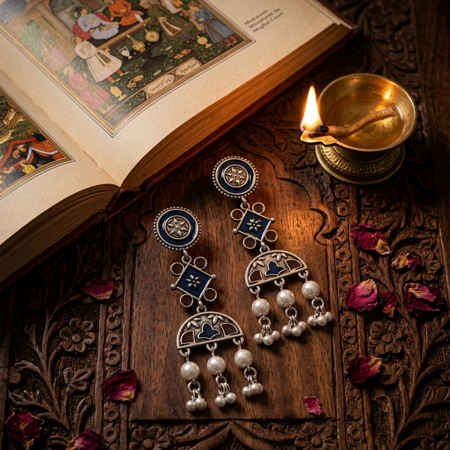 A pair of ornate silver-toned dangle earrings with blue enamel details and white pearl-like drops, displayed on a carved wooden surface next to an open book and a lit brass oil lamp.