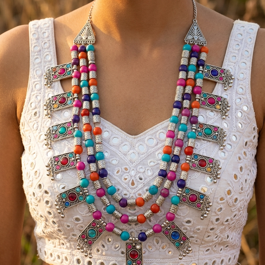 A close-up of a woman wearing a white embroidered crop top and a large, colorful beaded statement necklace with silver-toned geometric pendants.
