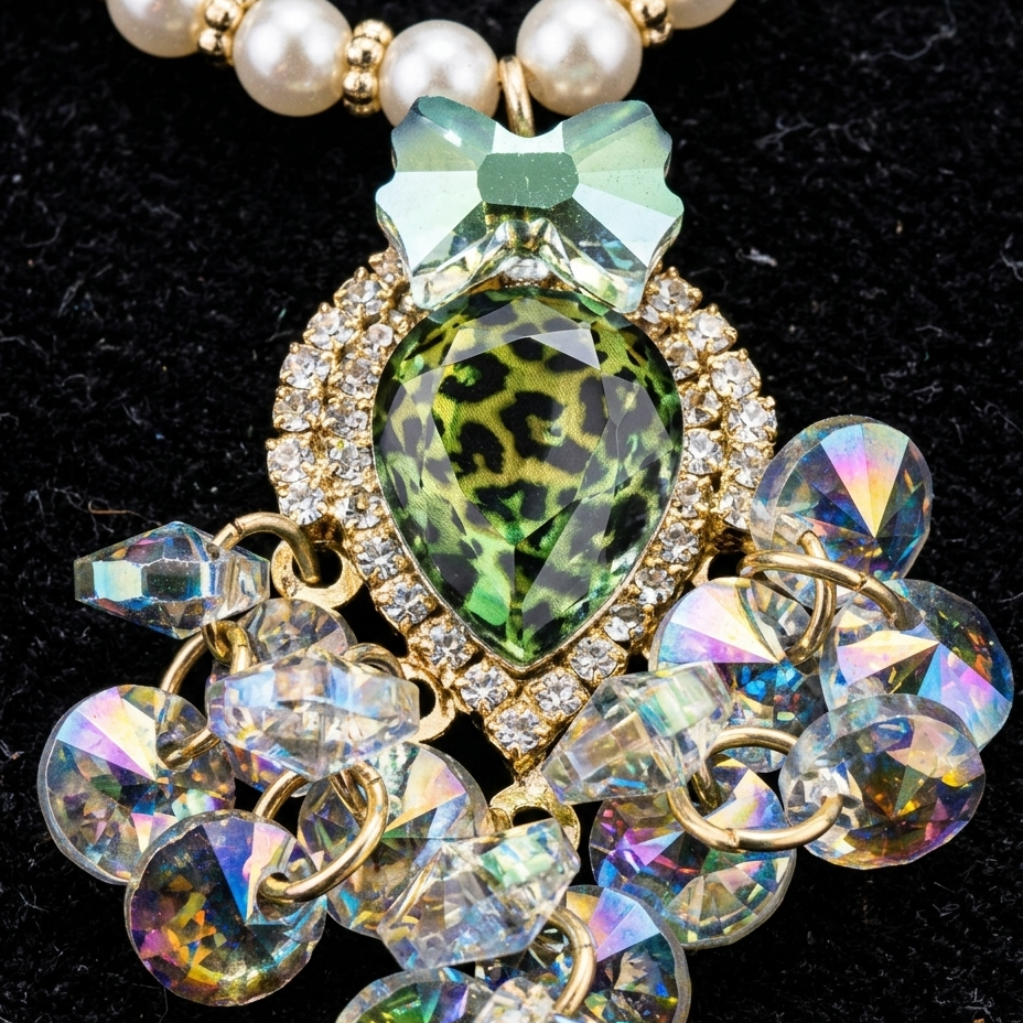 A close-up of a statement necklace featuring a large green leopard-print teardrop crystal pendant, accented with a light green bow, clear rhinestone halo, and cascading iridescent crystal clusters on a black textured background.
