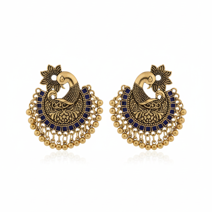 Close-up of Yugavi Arin navy enamel tile arc — square navy blue enamel tiles flush-set in precise row along the inner crescent edge of the antique gold peacock earring, meenakari enamel inlay beside engraved gold dotwork body