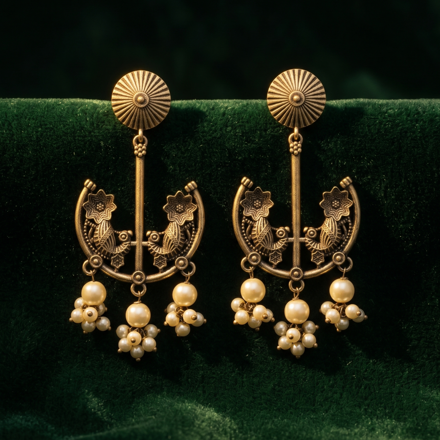 Pair of gold earrings with pearl drops on a green velvet background