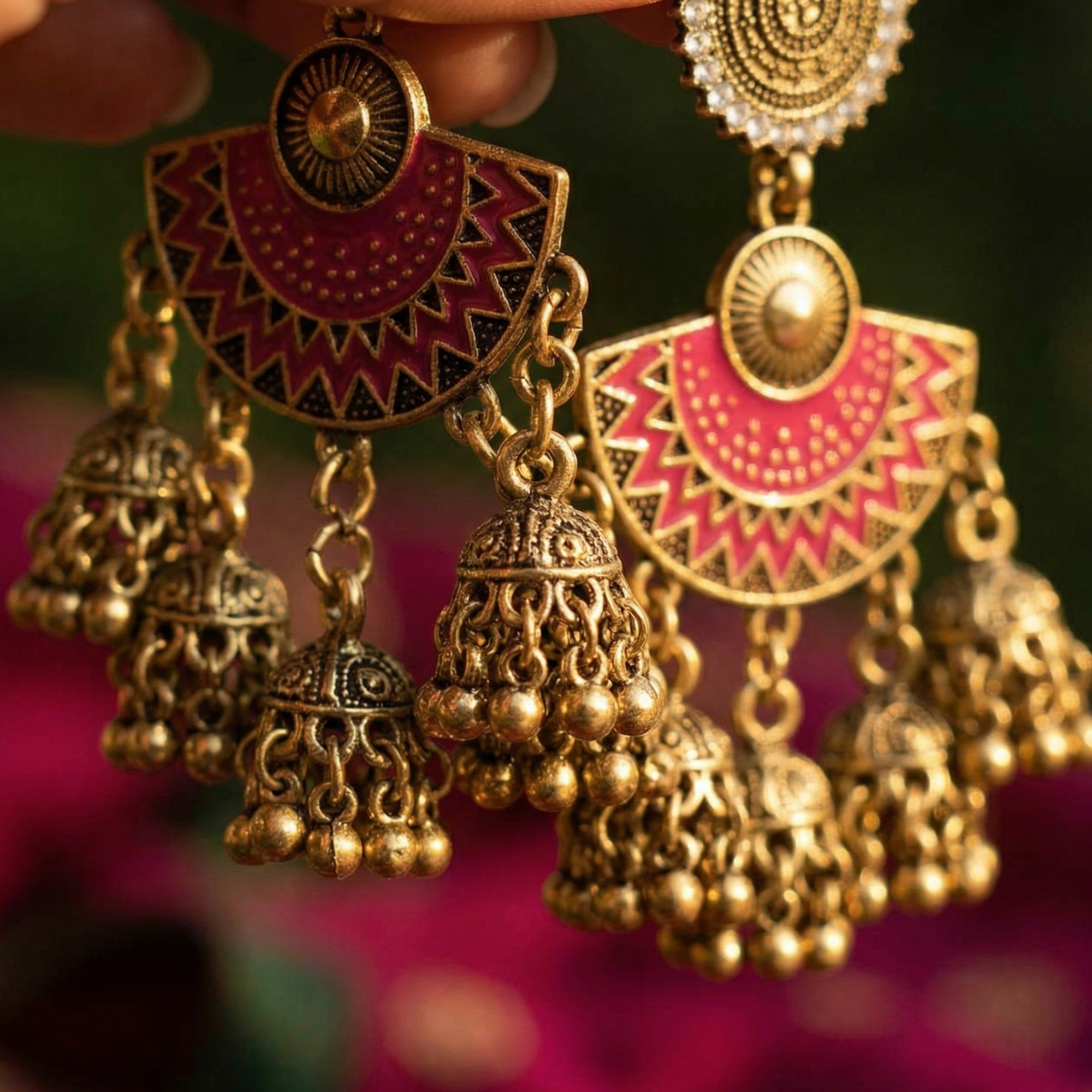 Close-up of Yugavi Devanshi magenta enamel arch connector — deep pink chandbali half-moon form with antique gold geometric zigzag and triangle border engraving, central polished gold dome, three jhumka links visible below