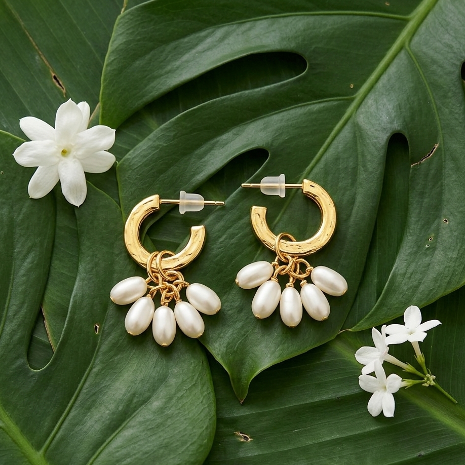 Close-up of Yugavi Harshika pearl cluster drop — five oval rice-shaped ivory faux pearls hanging freely on individual gold jump rings from the base of a polished gold C-hoop, lustrous ivory pearl finish against bright gold metal, elegant pearl hoop earrings India