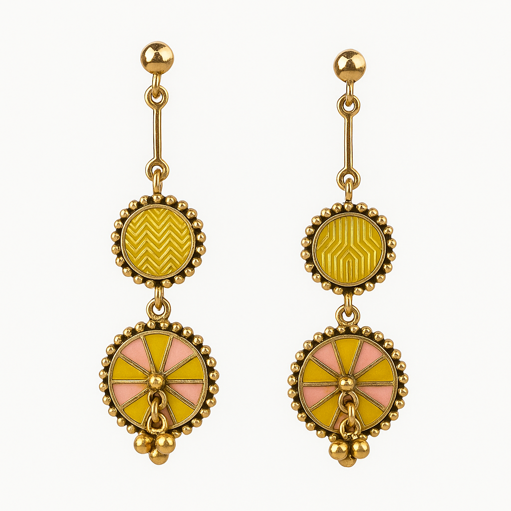 Close-up of Yugavi Ishnavi lower chakra disc — alternating wedge segments of mustard yellow and blush pink enamel radiating from a central gold dome, gold bead outer border, three gold ball drops hanging from base, wheel or Dharma chakra form