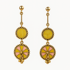 Close-up of Yugavi Ishnavi lower chakra disc — alternating wedge segments of mustard yellow and blush pink enamel radiating from a central gold dome, gold bead outer border, three gold ball drops hanging from base, wheel or Dharma chakra form
