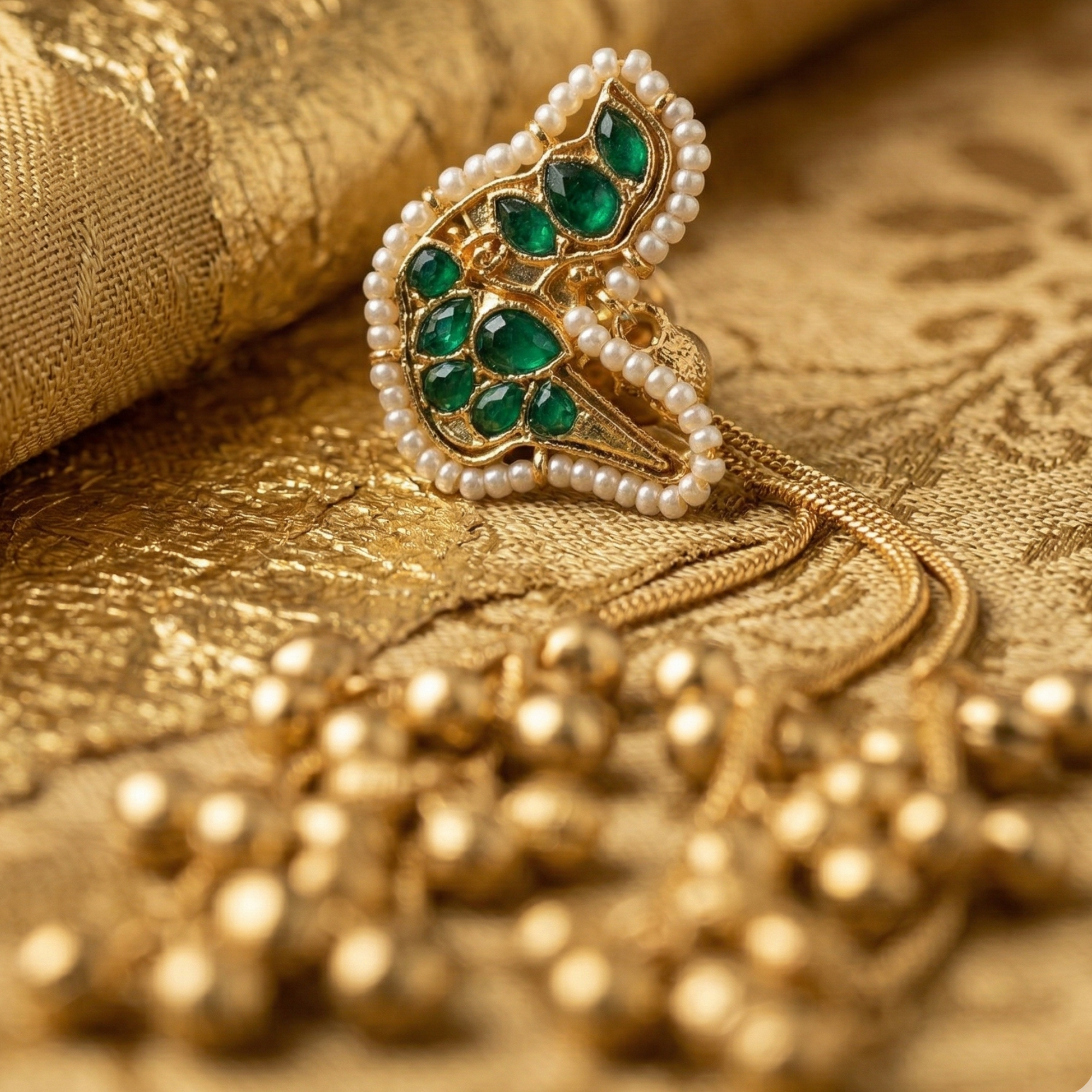 Close-up of Yugavi Jhankaar Emerald earring stud — peacock form outlined in tiny seed pearls with emerald green teardrop cabochon stones filling the body and plumage, antique gold setting, push-back stud closure