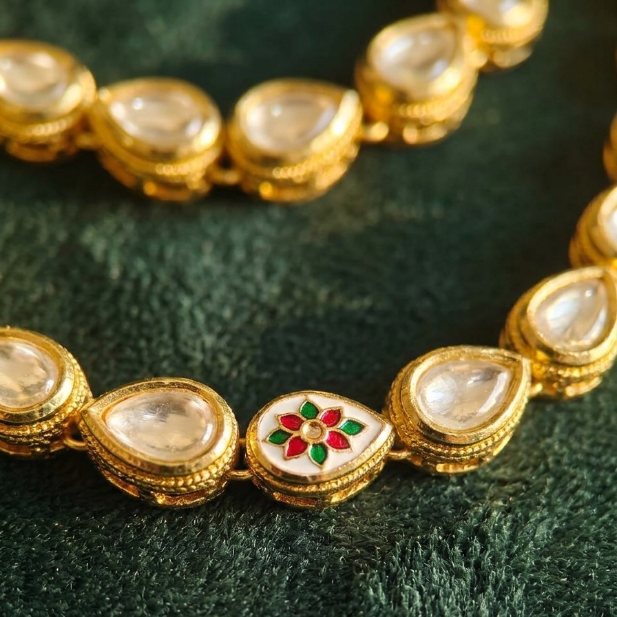 Gold necklace with teardrop-shaped pearls and a central floral design on a green textured background