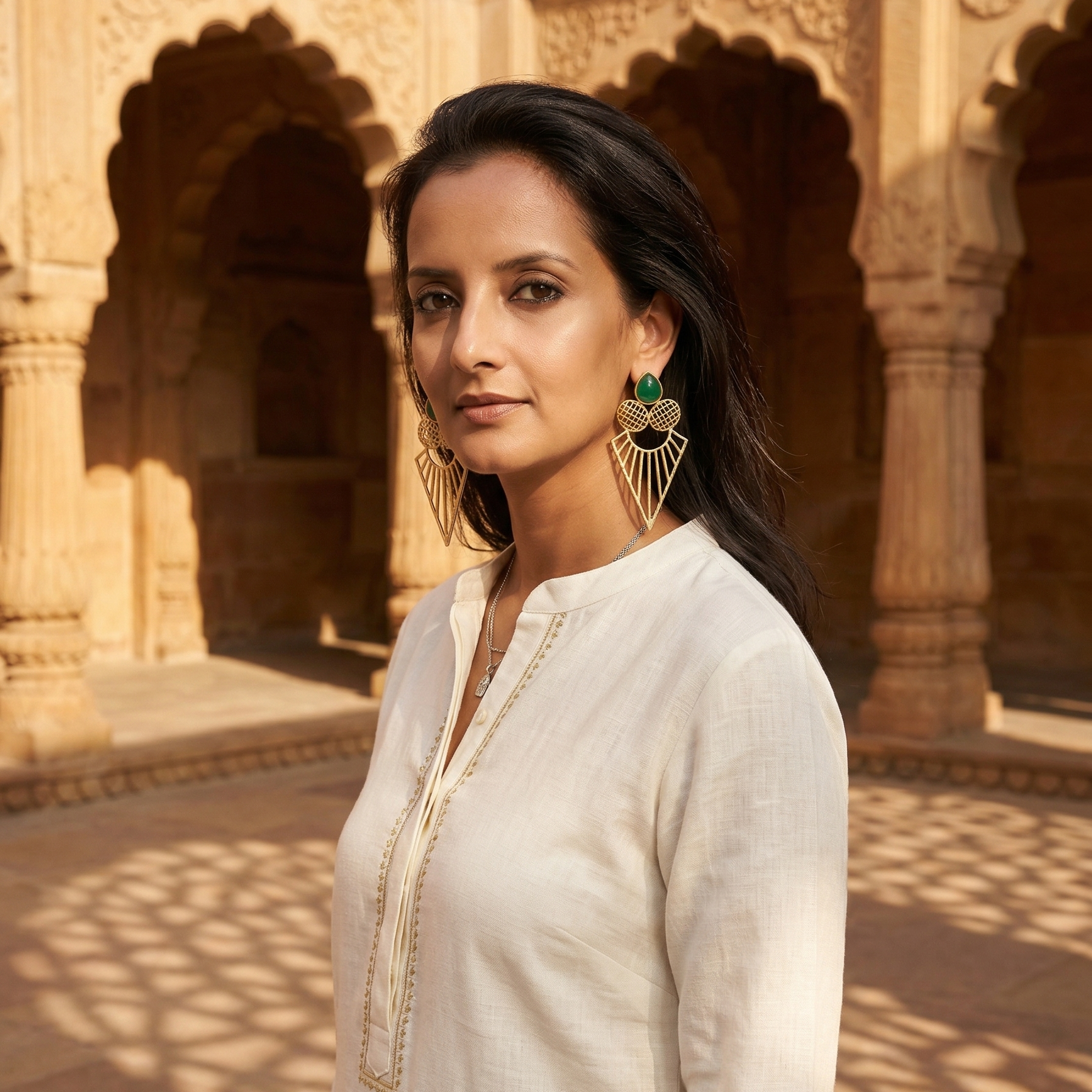 Close-up of Yugavi Kirana earring stud — deep emerald green teardrop cabochon in plain gold bezel with two flanking cross-hatched lattice oval forms in gold, push-back stud closure, contemporary Indian jewellery design