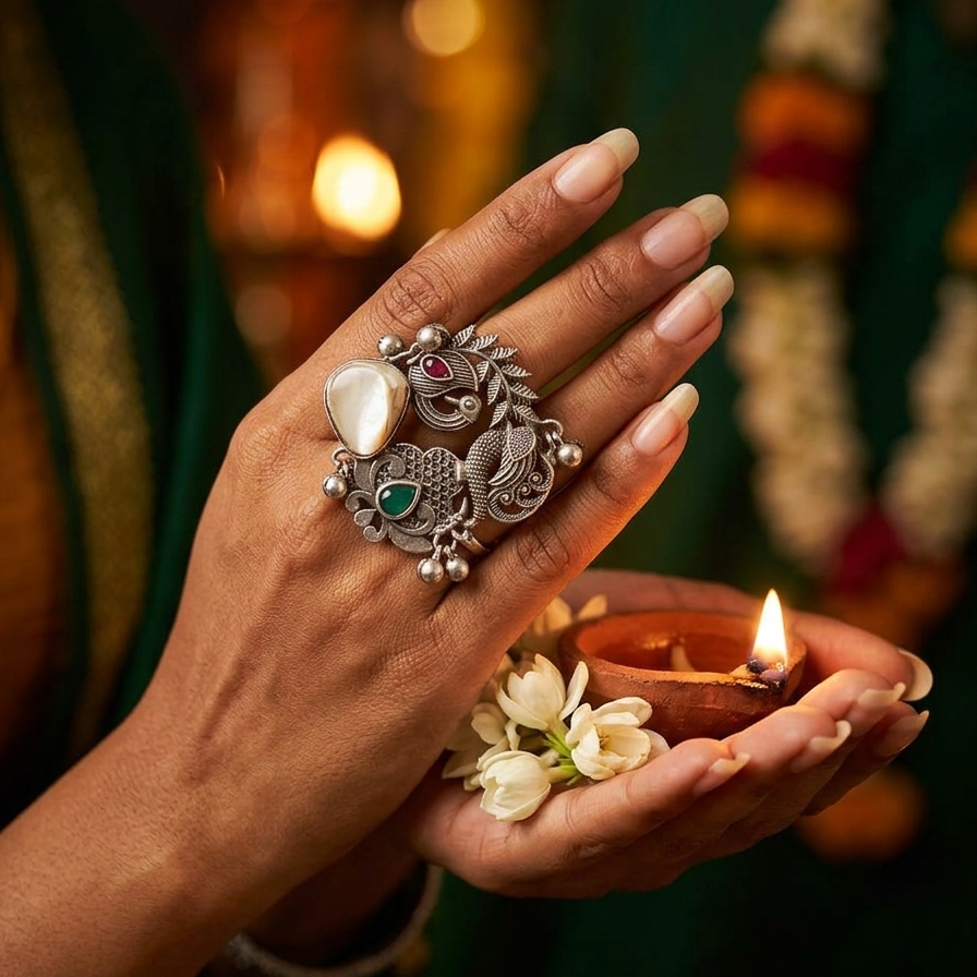 Close-up of Yugavi Matsya ring stones — large luminous white cat's eye oval cabochon beside ruby red teardrop in silver setting and emerald green teardrop in cross-hatched silver mount, with silver ball drops below on oxidised silver band