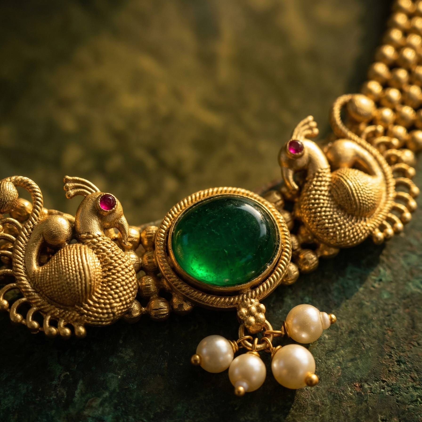Close-up of Yugavi Mayura Emerald necklace centrepiece — two antique gold facing peacocks with ruby red eye stones flanking a deep emerald green oval cabochon in ridged bezel setting with graduated pearl drops below