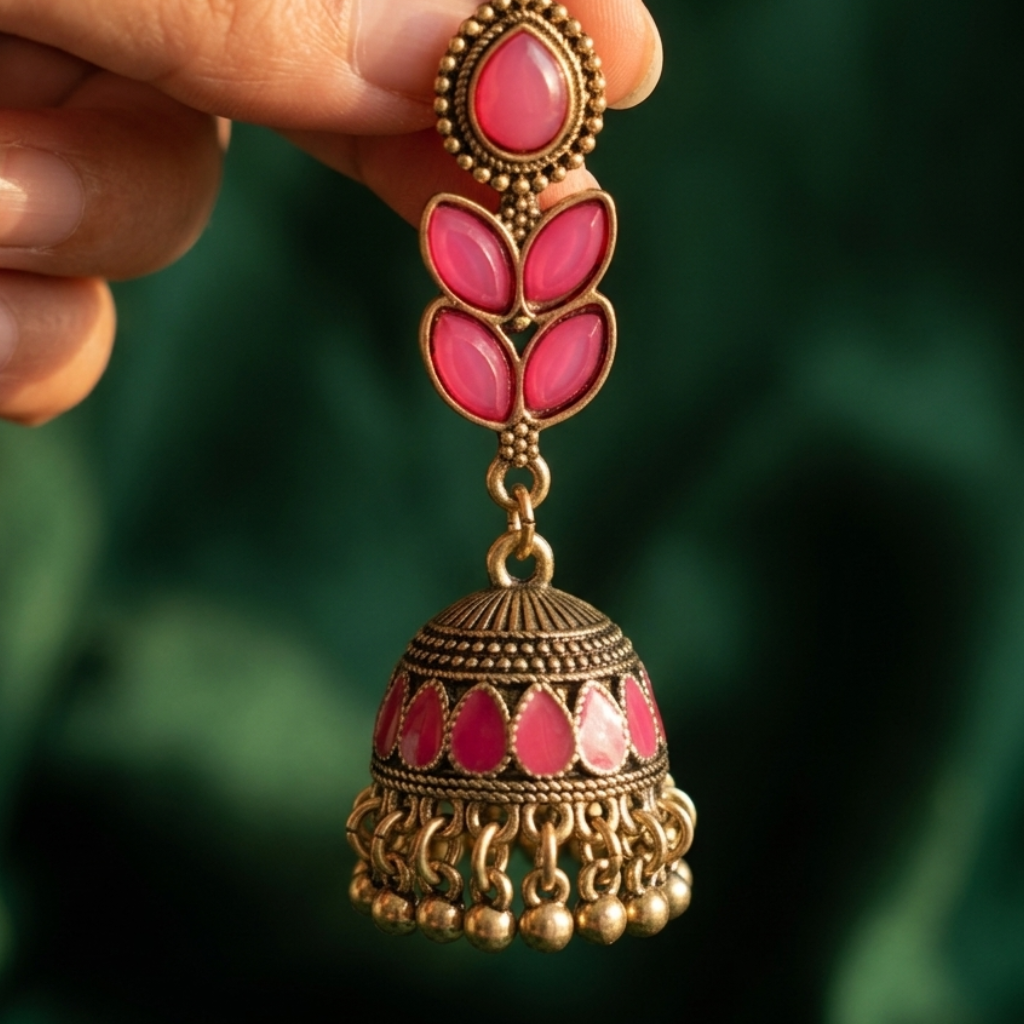 Close-up of Yugavi Mehal stone stud and leaf cluster — single deep pink oval cat's eye cabochon in rope-bead gold bezel above three pink marquise leaf stones in tulip formation set in antique gold, all stones glowing warm deep pink
