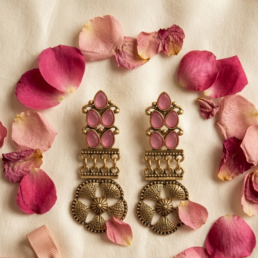 Close-up of Yugavi Navira rose stone fan cluster — three blush rose pink cat's eye cabochon stones in antique gold bezels arranged in a fan, one stone pointing upward and two flanking below, with open filigree scrollwork and gold ball accents between
