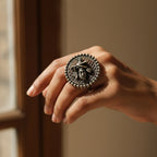 oxidised silver Krishna flute player statement ring India 