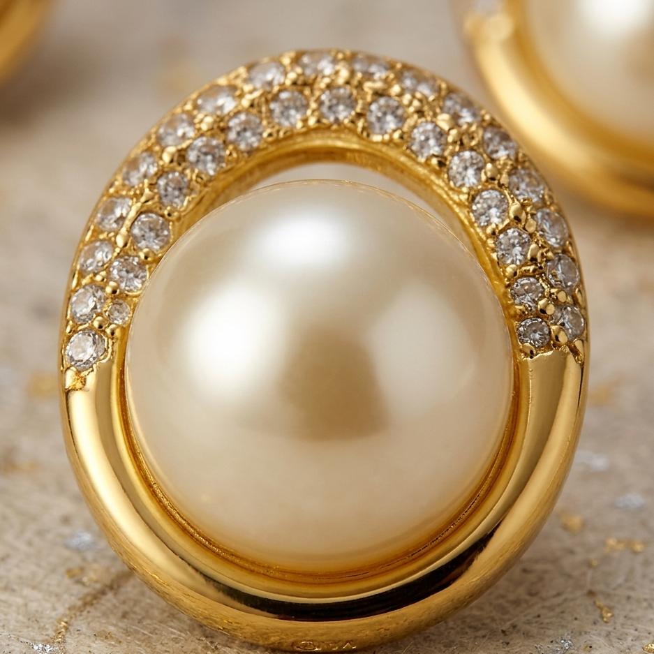 Gold earring with a pearl and diamond accents on a textured surface