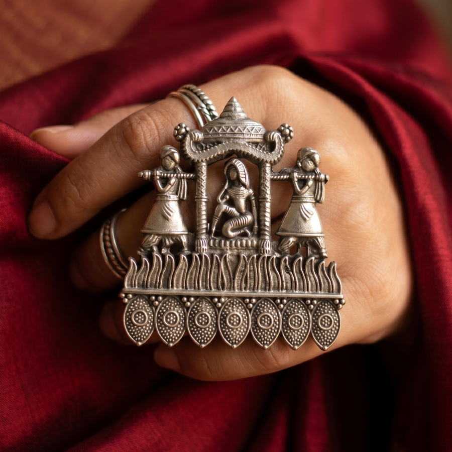 Silver decorative ring with intricate design held by a hand against a red fabric background