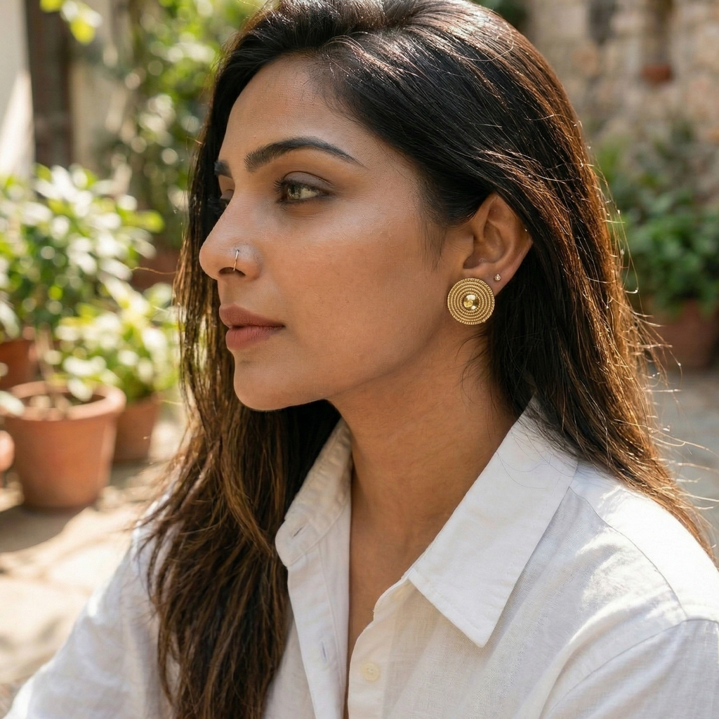 Close-up of Yugavi Sejal earring centre — polished raised gold dome surrounded by concentric rope-twist textured rings alternating with smooth gold bands, antique gold finish with oxidised depth in ring recesses